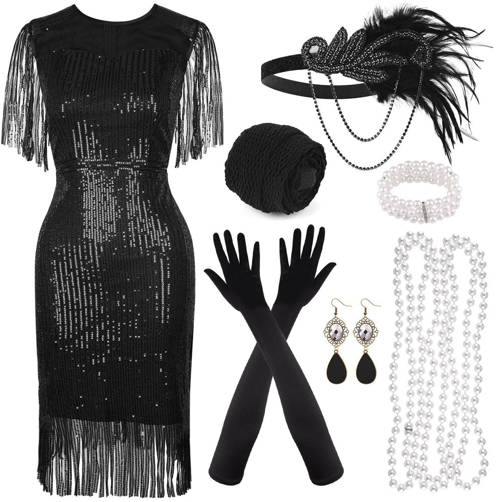 2696 1920s Sequin Beaded Fringed Dress With Roaring 20s